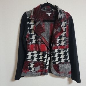 Linea Domani Wool Blend Plaid and Houndstooth Jacket with Black Sleeves